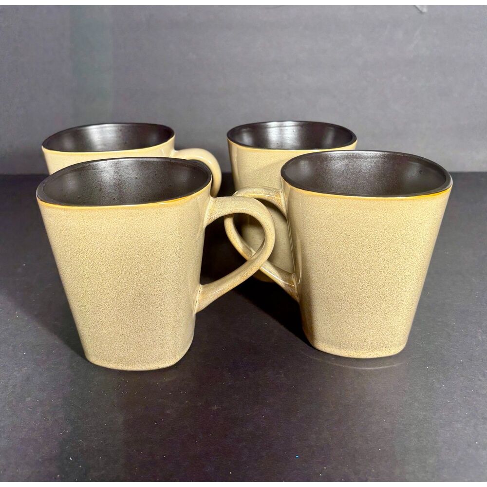Set of 4 Beige Brown Speckled Stoneware Coffee Mugs Rustic Tapered Cups